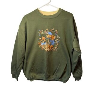 VTG Basic Editions Womens Large Green Sweatshirt Bear Grannycore Embroidered Top